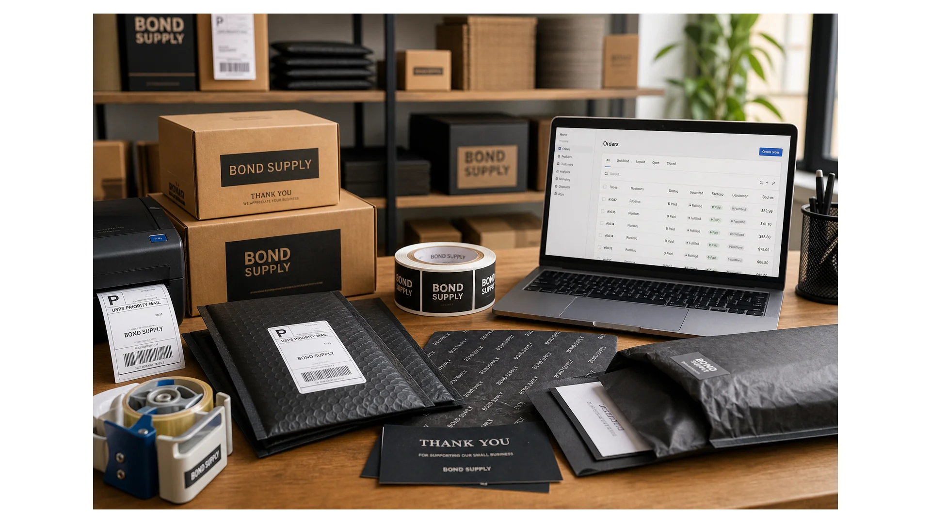 Premium Bond Supply packing station with boxes, mailers, labels and tape